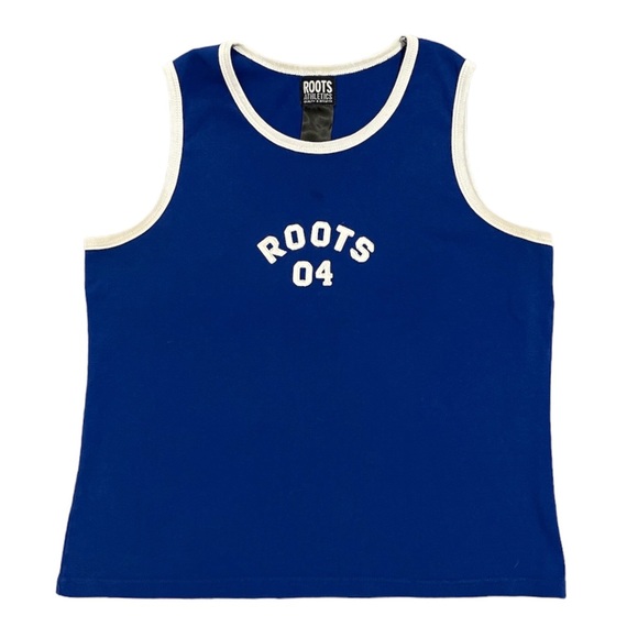 Roots Athletics Jersey Tank Top Patch Graphic Blue & White Muscle Tee - Picture 1 of 5